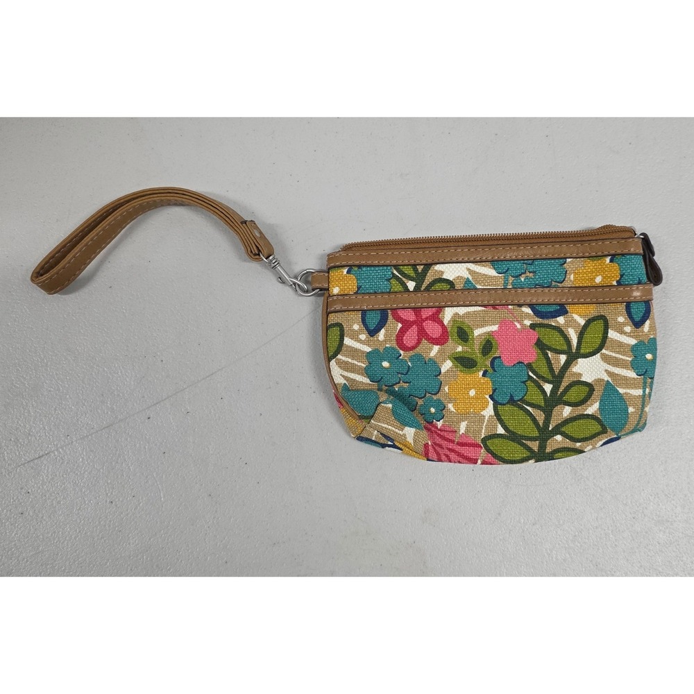 Relic Floral Canvas Wristlet Pouch Tan Pink Teal Botanical ID Window Wallet